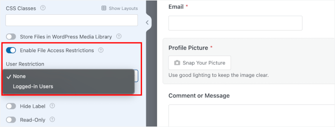 wpforms fields camerafield advanced accessrestriction