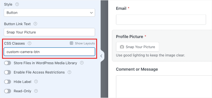 wpforms fields camerafield advanced cssclass