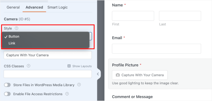 wpforms fields camerafield advanced style