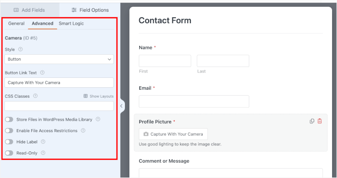 wpforms fields camerafield advanced