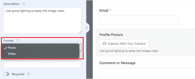 wpforms fields camerafield format