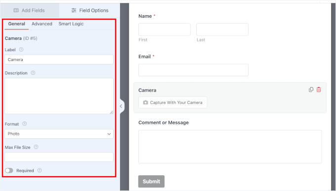 wpforms fields camerafield options