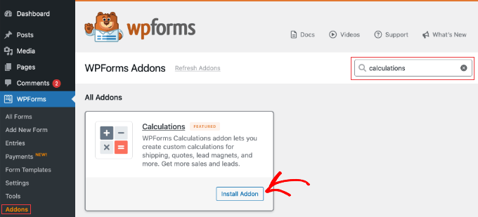 wpforms install calculations addon