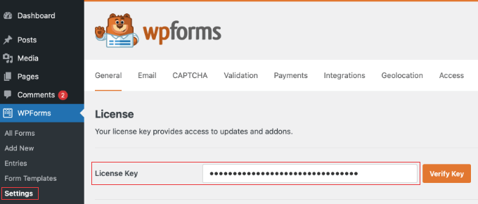 wpforms license key