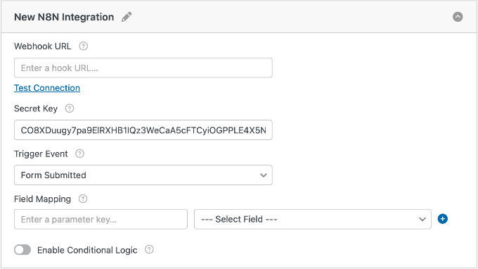 wpforms n8n integration settings