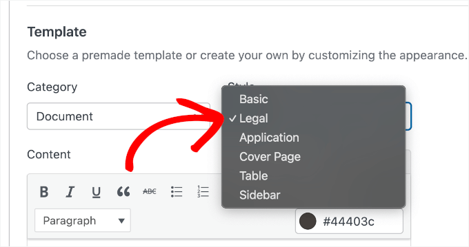 我如何自动将WordPress表单提交转换为PDF(无需手动操作) 26 wpforms settings pdf style legal