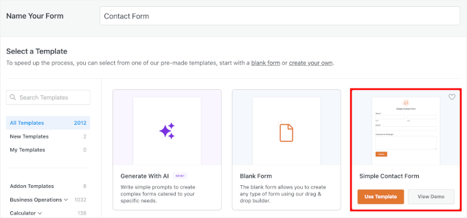 wpforms setup choosingatemplate